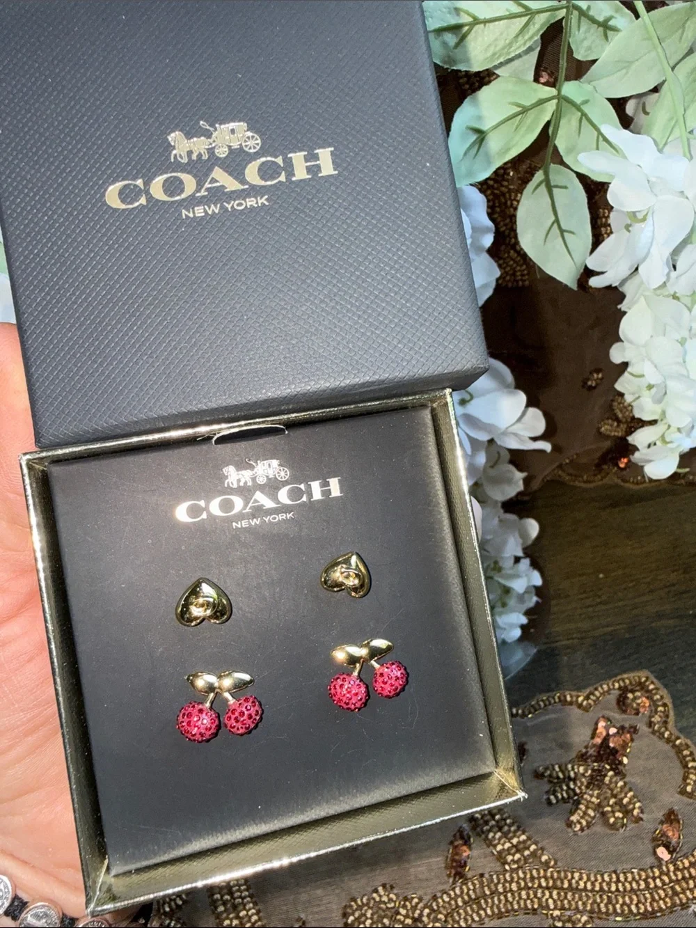 Coach two pieces Gold Heart and Red Cherry Stud Earrings Set - Picture 3 of 7